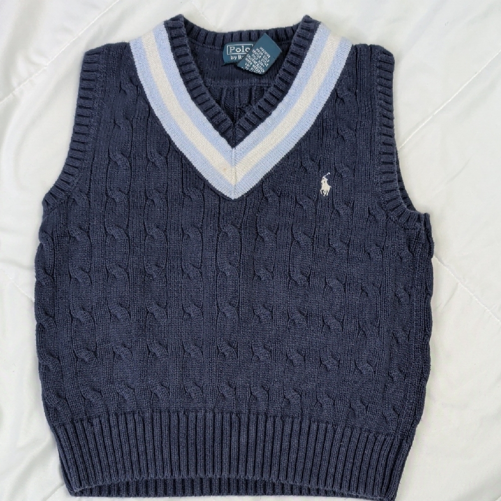 Polo Ralph Lauren V-Neck Sweater Vest - Dark Blue and White